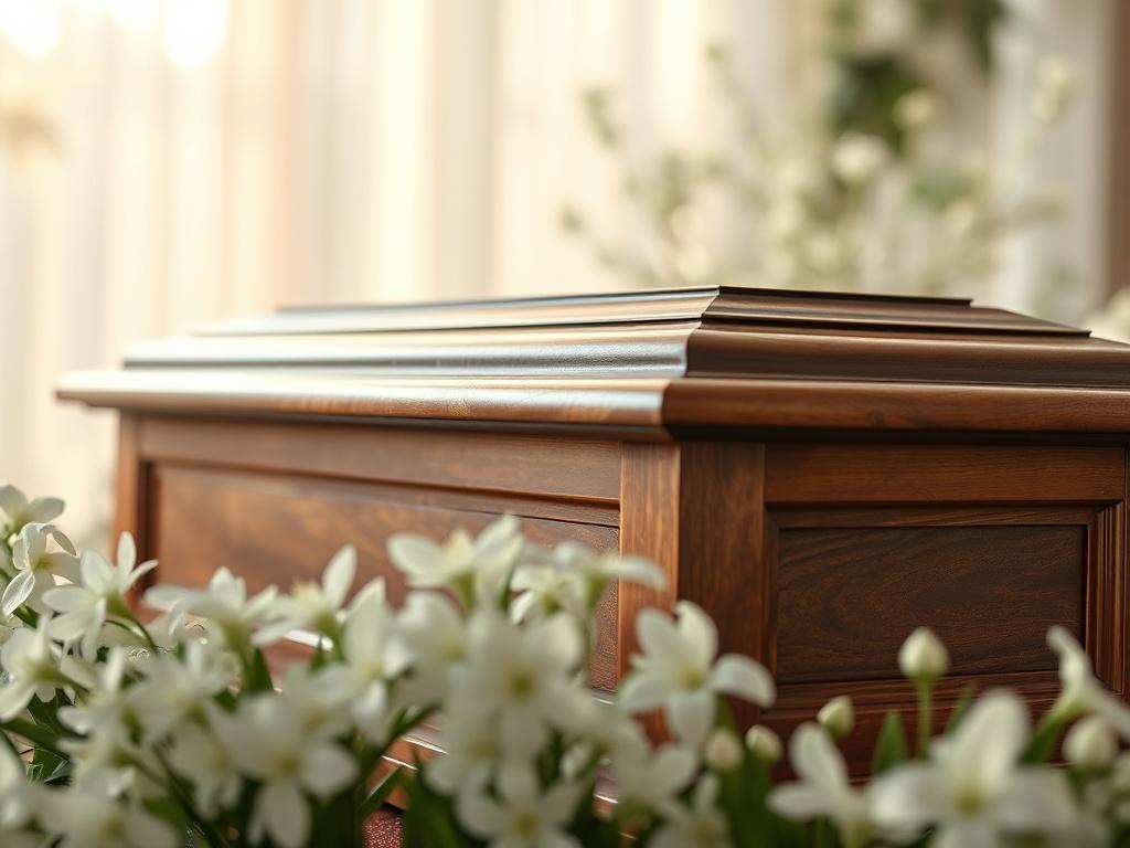 A close-up shot of a beautifully crafted wooden coffin in a serene setting, adorned with white flowers. The background features soft, natural lighting to evoke a sense of peace and dignity. The focus should be on the coffin, showcasing its craftsmanship, while the surrounding elements create a tranquil atmosphere. The image should have a hyper-realistic style, shot with a 45mm f/1.2 lens, emphasizing the details of the coffin.