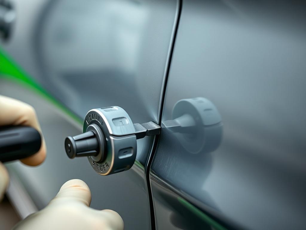 A detailed close up of a vehicle panel undergoing paintless