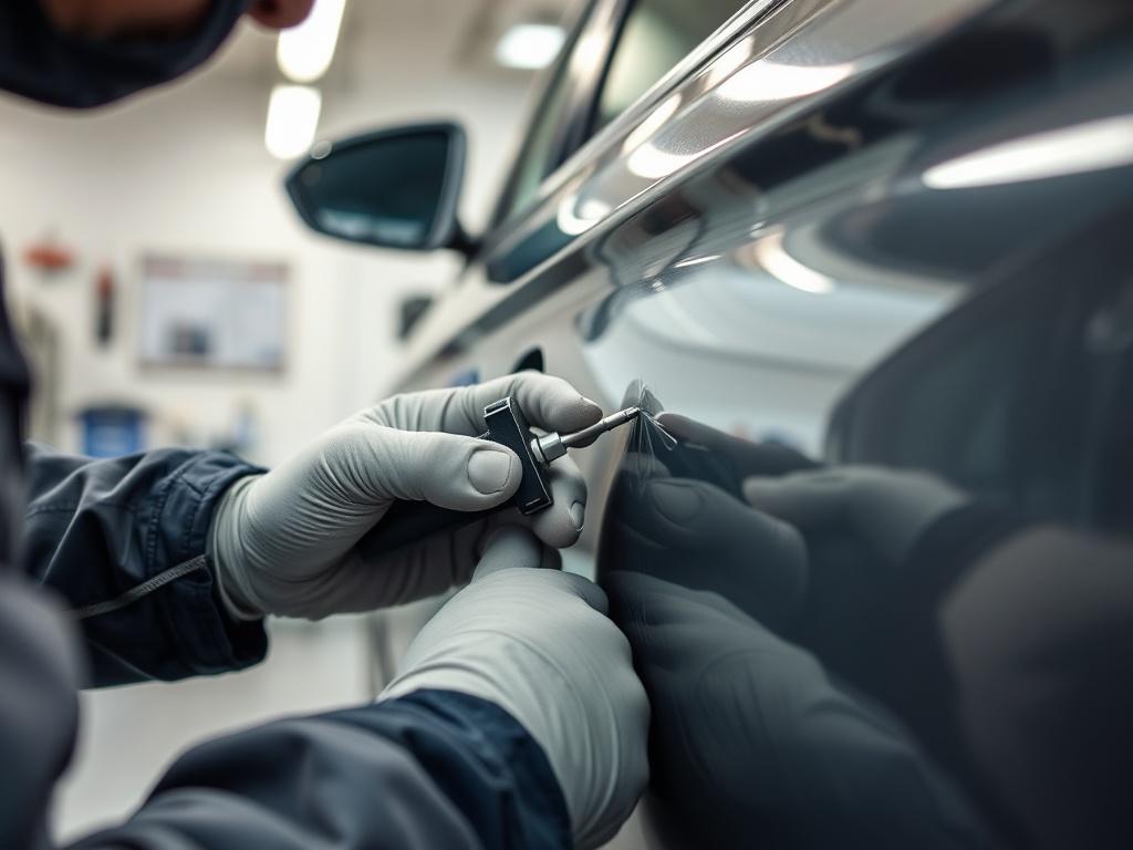 A high-resolution image depicting the paintless dent removal process, showing a technician working on a car door with specialized tools. The focus should be on the technician's hands and the dent being treated, with a clean and professional workshop background.