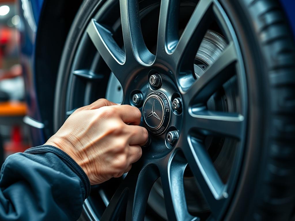A close-up shot of a technician carefully repairing an alloy wheel, showcasing intricate details of the wheel and the tools used. The background should be blurred to focus on the technician's hands and the wheel, with vibrant colors highlighting the repair process.