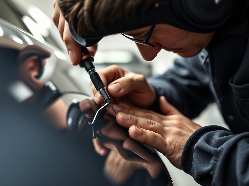 A detailed close-up of a technician performing paintless dent repair on a car, showcasing the tools used and the focus on the dent area. The background is softly blurred to keep attention on the technician and the vehicle surface. The image captures the precision and skill involved in the repair process, and is shot with a 45mm f/1.2 lens style.