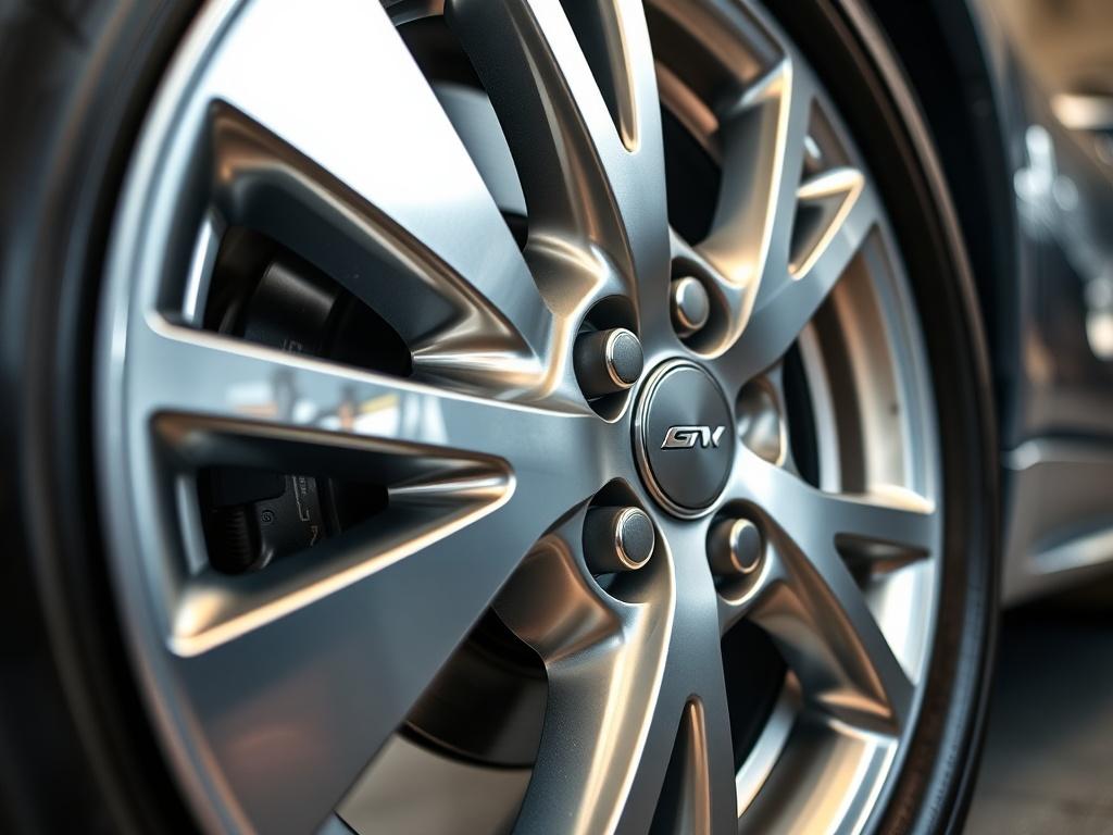 A close-up shot of a beautifully refinished alloy wheel, showcasing its shine and detail. The background is blurred to emphasize the wheel, with a focus on the intricate design and flawless finish. The lighting highlights the metallic surface, capturing the depth and color vibrancy of the wheel. The image is shot with a 45mm f/1.2 lens style.