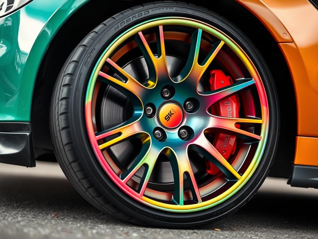 A vibrant close-up of a customized alloy wheel with a unique paint job, showcasing the color and finish. The background is slightly out of focus, emphasizing the design of the wheel. The lighting highlights the paint's gloss and details, capturing the artistry of the customization. The image is shot with a 45mm f/1.2 lens style.