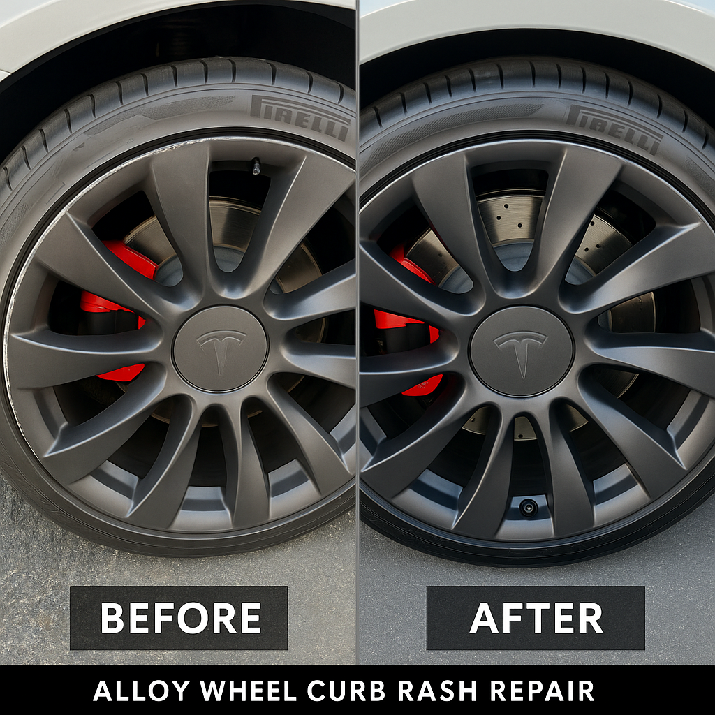 <strong>Before & After mobile wheel repair showing restored Tesla wheel/Rim  with curb rash fully removed in Livermore, Pleasanton, Dublin, and San Ramon.</strong>