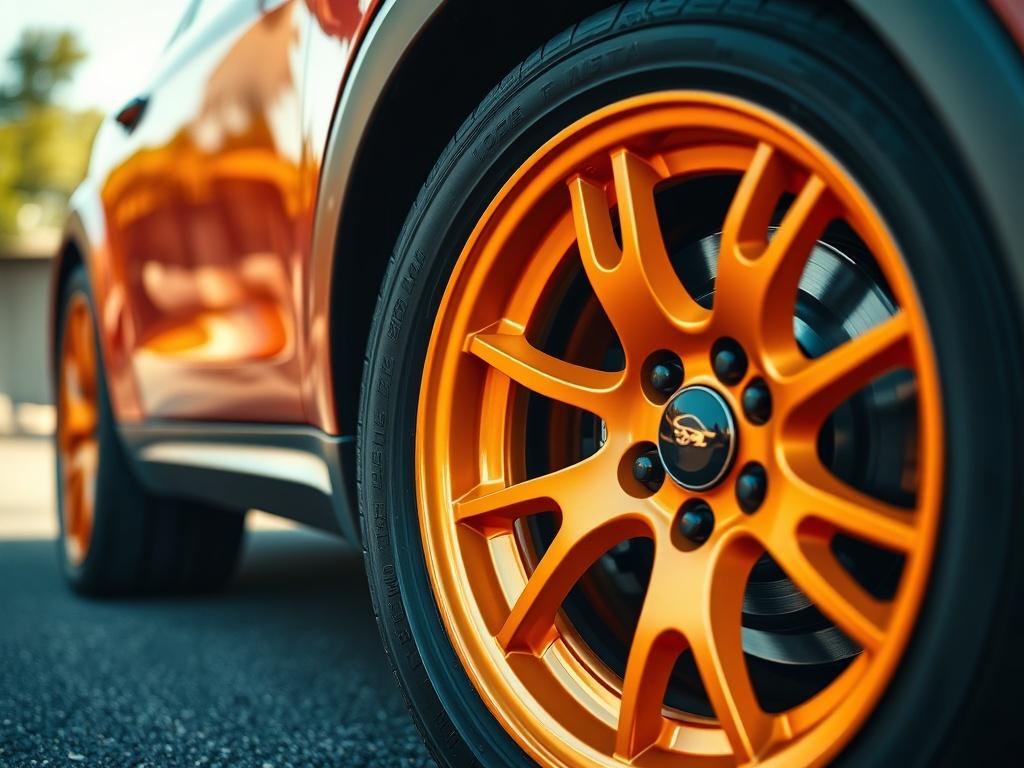 A close-up of a set of alloy wheels featuring a vibrant new color finish. The wheels are mounted on a vehicle, showcasing how the color enhances the overall look. The background should be a well-lit outdoor setting, highlighting the wheels' details.