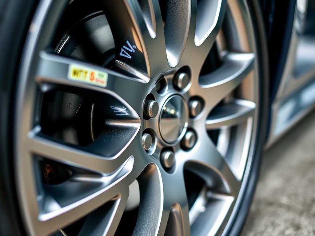 A close-up shot of a beautifully refinished alloy wheel, showcasing its shine and detail. The background is blurred, emphasizing the wheel. The image should convey a professional and polished look, capturing the intricate details of the wheel's surface and its reflections.