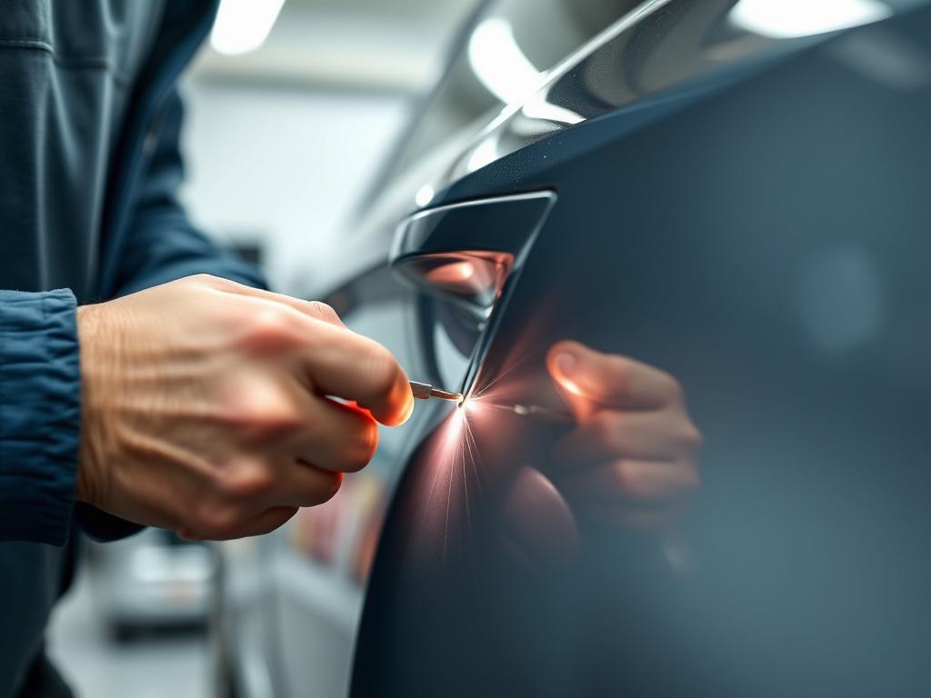 A close-up shot of a technician performing paintless dent repair on a car body. The technician is using specialized tools to gently push out a dent, highlighting the precision of the work. The background should be a clean, well-lit garage setting.