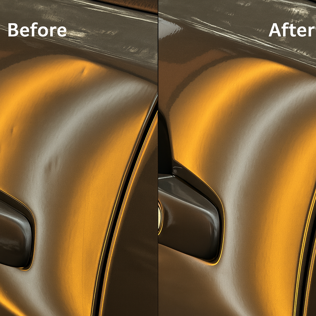 <strong>“Before and after Paintless Dent Repair showing dents removed from a vehicle door using PDR techniques with reflector board lighting — mobile dent removal in Livermore, Pleasanton, Dublin, and San Ramon.”</strong>