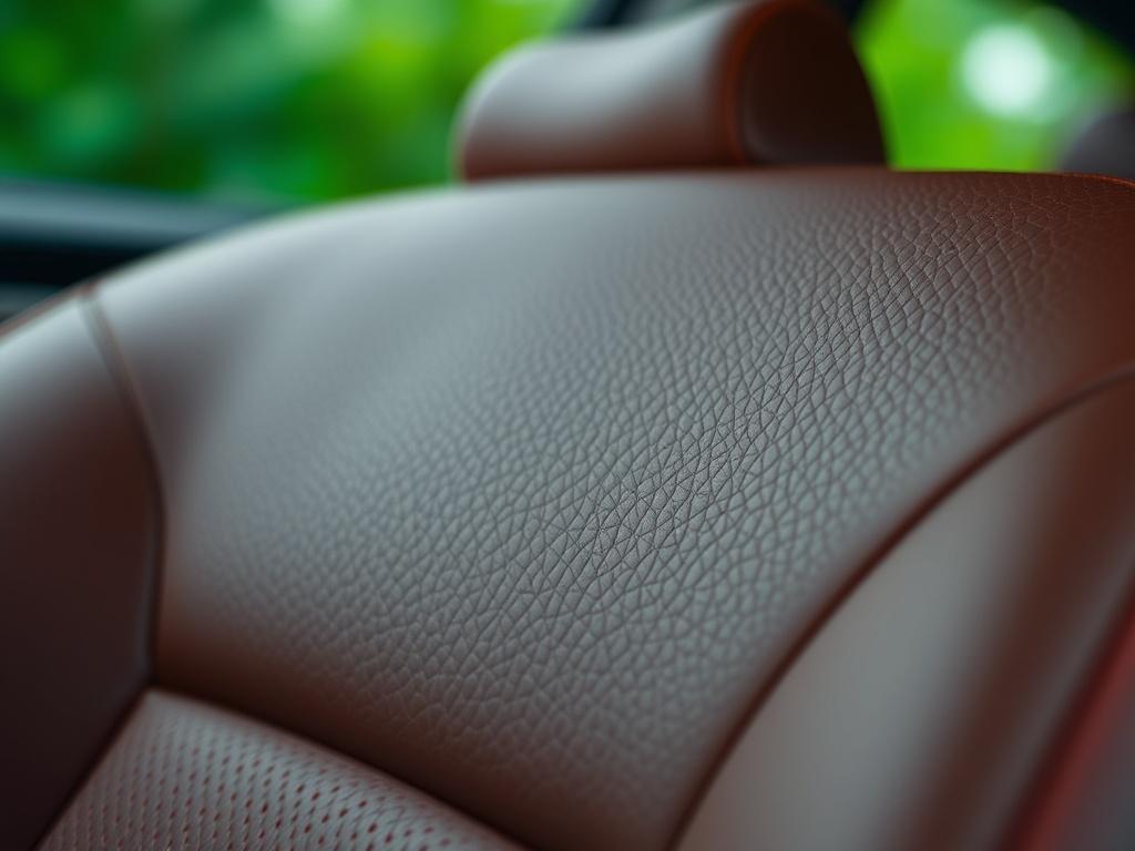 A close-up shot of authentic Colombian leather for car upholstery. The image should focus on the texture and color variations of the leather, showcasing its high quality and durability. The background should be simple and blurred to emphasize the leather's details, with vibrant greens to match the primary color rgb(50, 170, 39).