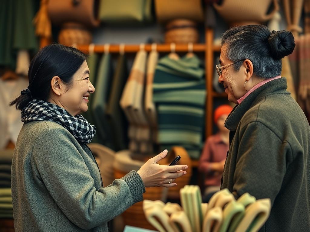 A hyper-realistic close-up shot of a family business setting, showcasing a warm and inviting atmosphere. The focus is on a family member interacting with a customer, with textiles displayed in the background. The lighting is soft, emphasizing the textures of the fabrics. The color scheme incorporates shades of green, aligning with the primary color rgb(50, 170, 39). The composition should be simple and clear, highlighting the personal connection in a business environment.