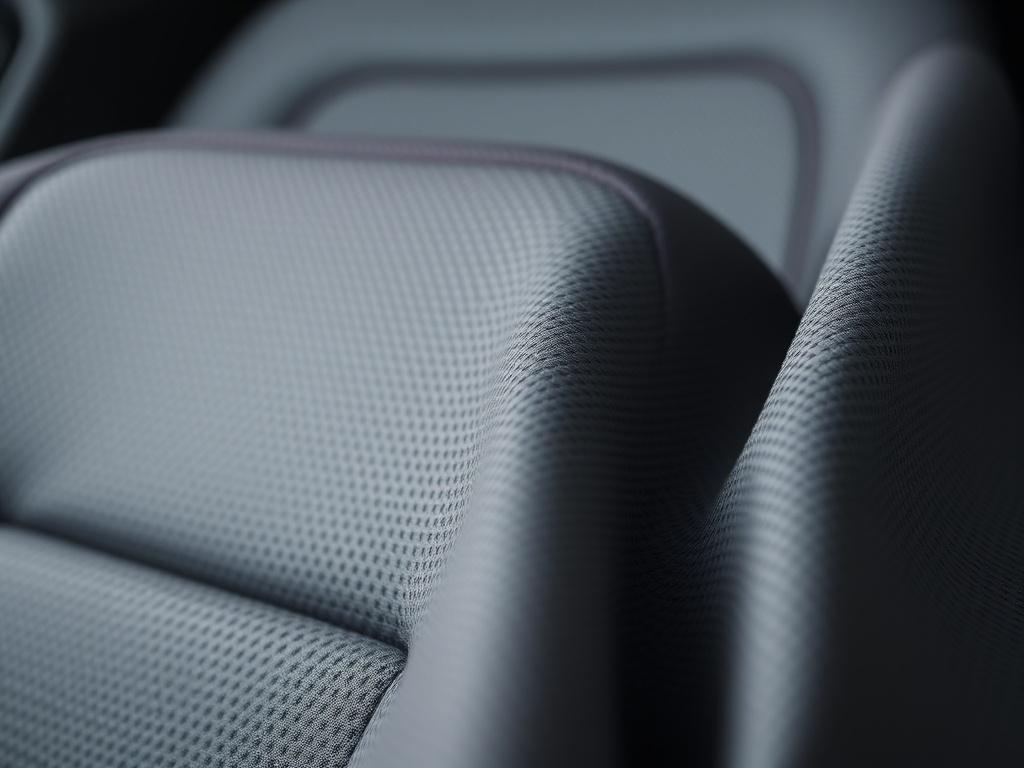 A realistic high-resolution close-up photo of Colombian thermoformed textiles, showcasing their adaptability and quality for automotive upholstery. The image should be focused on a single piece of fabric, highlighting its texture and color variations. The background should be simple and uncluttered, emphasizing the fabric's details. Use a 45mm f/1.2 lens style for a sharp focus on the textile.