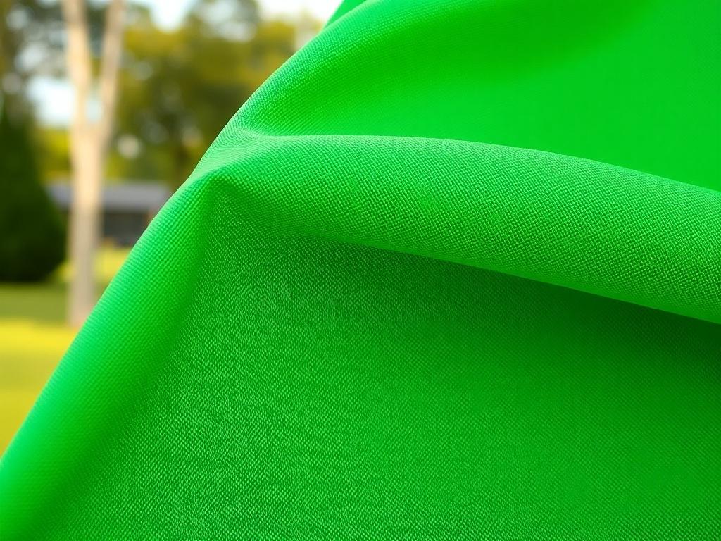 A hyper-realistic close-up shot of a 800gr PVC tent fabric in vibrant green color, showcasing its texture and thickness. The fabric should be displayed in an outdoor setting with soft natural lighting, emphasizing its durability and weather resistance. The background should be blurred to focus on the fabric, highlighting its quality and suitability for tent construction.