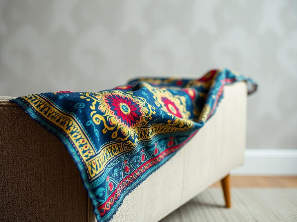 A realistic high-resolution photo of a Brazilian decorative fabric, showcasing vibrant colors and intricate patterns. The fabric should be draped elegantly across a stylish piece of furniture, highlighting its texture and design. The background should be simple and neutral to emphasize the fabric's beauty. The composition should focus on the fabric as the main subject with soft lighting to enhance the colors.