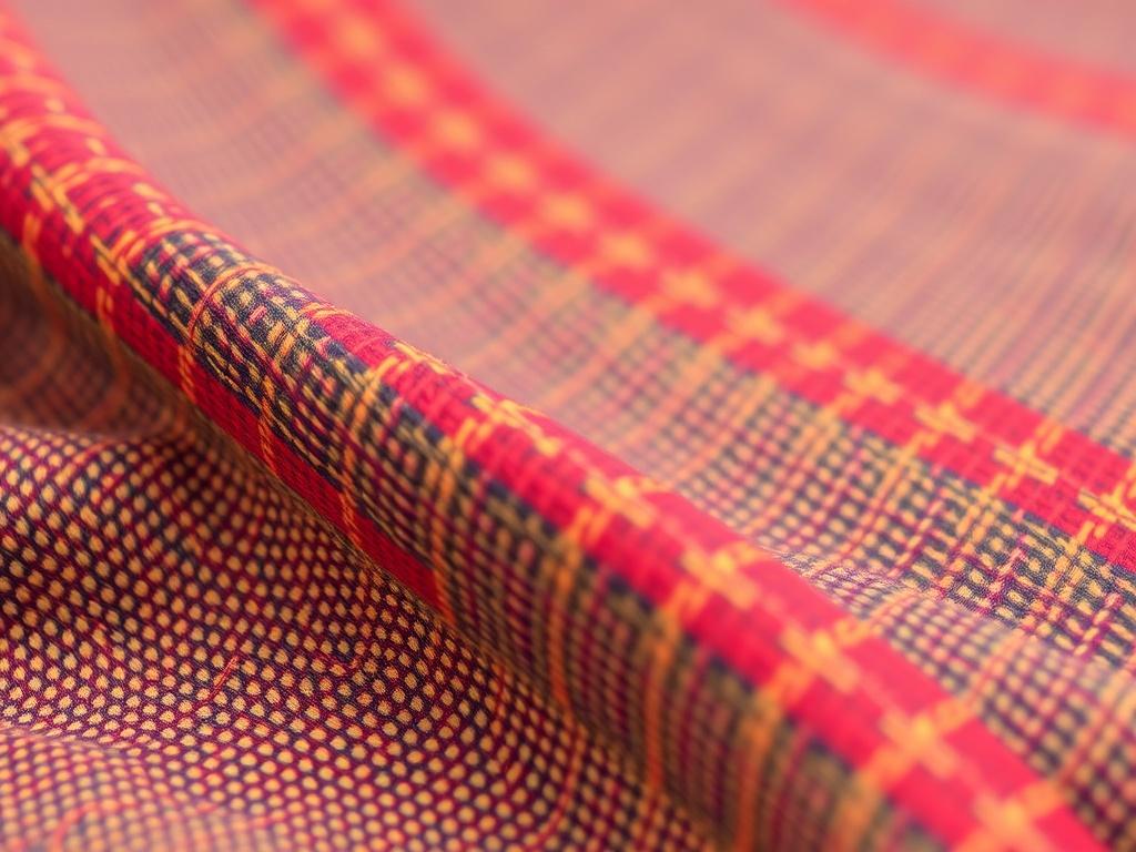 A realistic high-resolution close-up shot of a Brazilian flame-retardant textile. The image should showcase the texture and quality of the fabric, with a focus on the intricate weave and vibrant color. The background should be simple and unobtrusive, allowing the textile to be the main subject. The composition should highlight the fabric's characteristics, emphasizing its durability and aesthetic appeal.