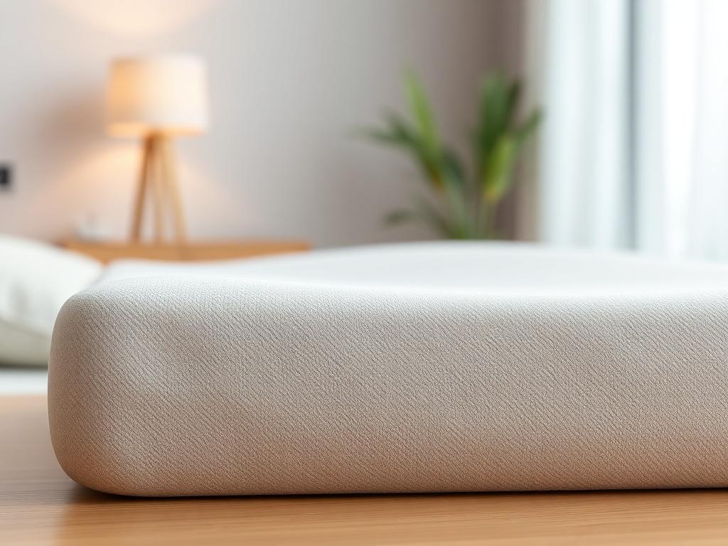 A close-up shot of a high-density viscoelastic foam piece, showcasing its texture and softness. The background should be a neutral, softly blurred interior setting, highlighting the foam's contours and adaptability. The image should be rendered in high resolution, focusing on the foam's surface details.