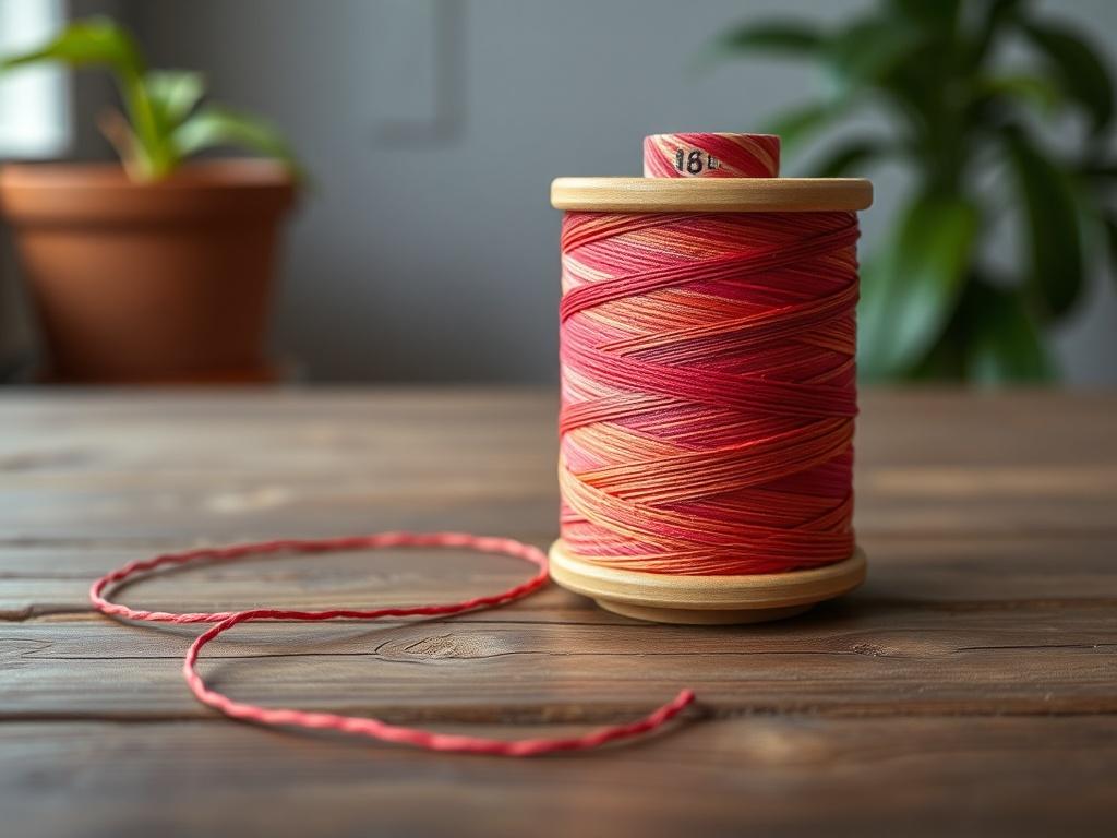 A close-up shot of a spool of Settanyl hilo brasileño 1 on a wooden table, showcasing its vibrant color and texture. The background is softly blurred to emphasize the spool, with natural lighting highlighting the high-quality material. The composition is simple and clear, focusing solely on the spool of thread.