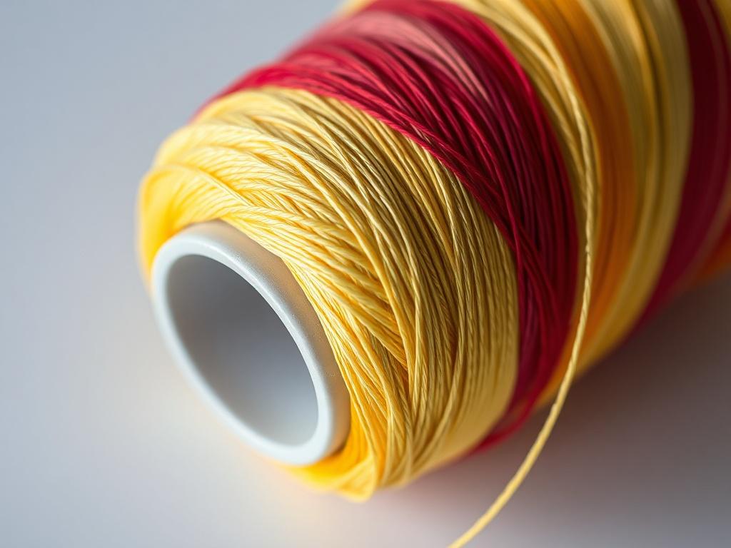 A hyper-realistic close-up shot of a spool of Settanyl hilo brasileño 2. The spool should showcase the vibrant colors of the thread, with a clear focus on the texture and quality of the material. The background should be simple and unobtrusive, emphasizing the spool as the main subject, with soft lighting to highlight the thread's shine and depth.