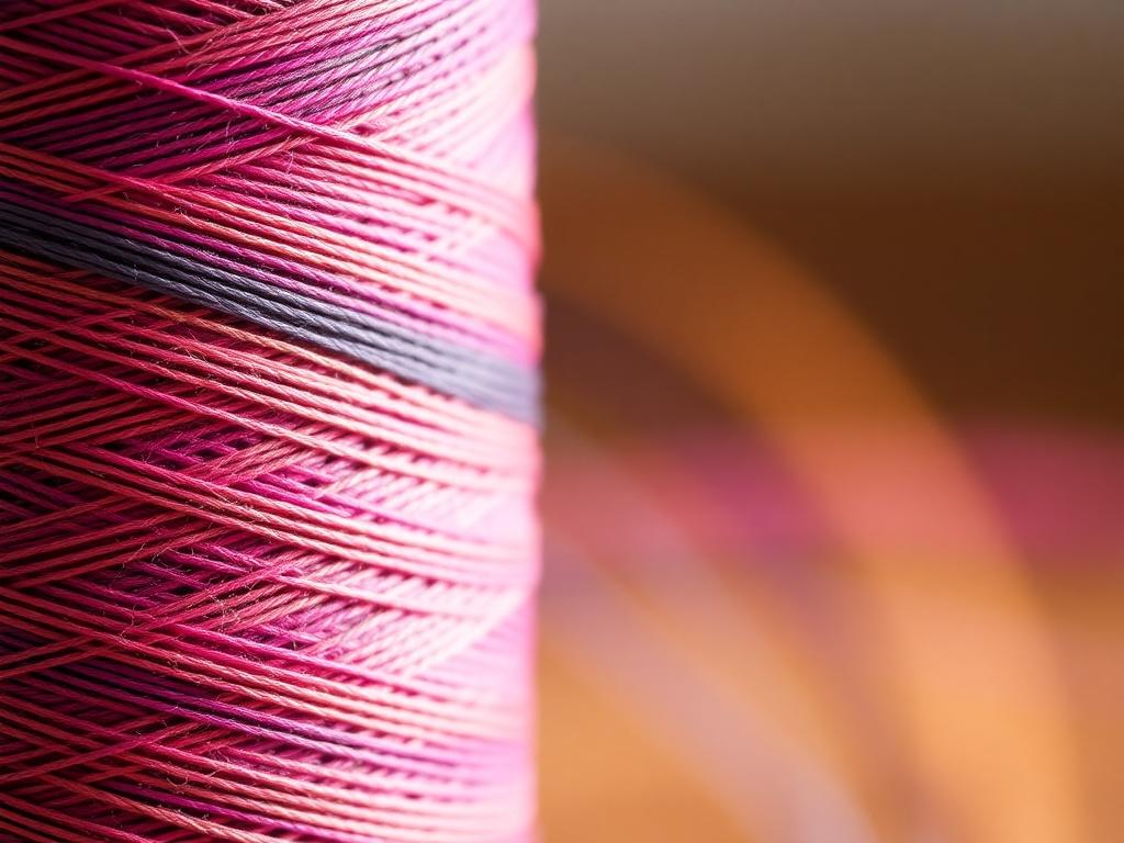 A close-up shot of a spool of Settanyl hilo brasileño 3, showcasing the vibrant colors and fine texture of the thread. The spool should be prominently displayed against a soft, blurred background that enhances the focus on the thread. The lighting should be warm and inviting, highlighting the quality and sheen of the textile material. The composition should be simple and clear, with no other objects in the frame.