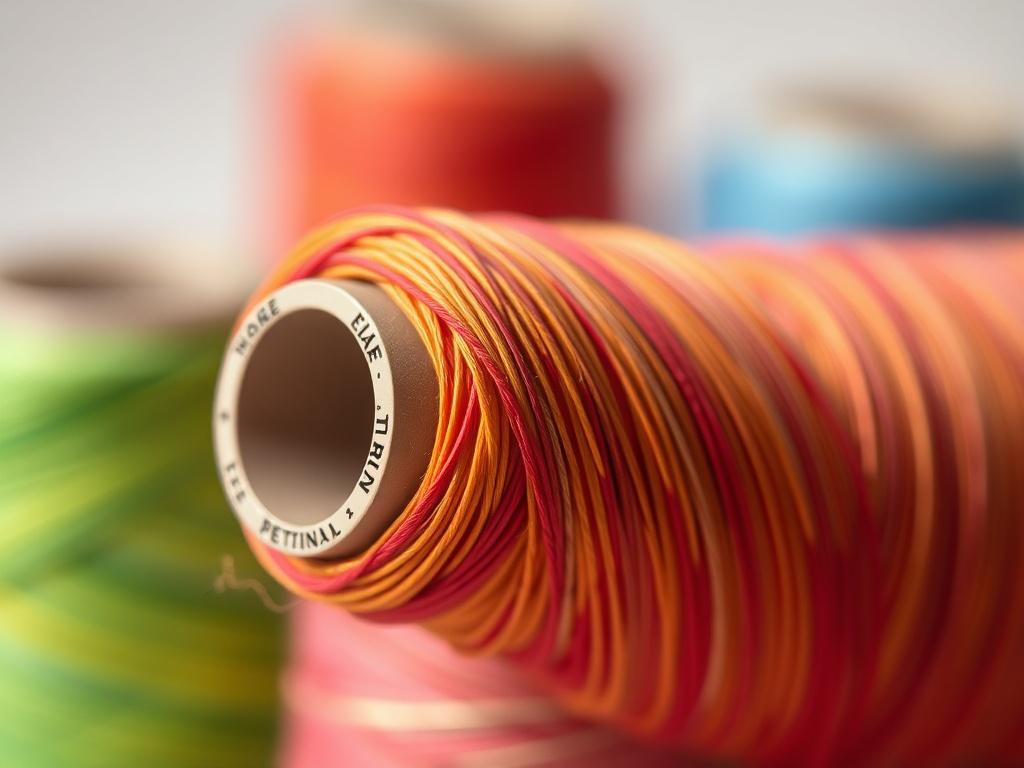 A realistic close-up shot of a spool of Settanyl hilo brasileño 4 with vibrant colors, showcasing its smooth texture and strong fibers. The background should be softly blurred to emphasize the spool, with a focus on capturing the details of the thread and its quality. The image should have a clean composition, highlighting the product in a simple yet elegant manner.