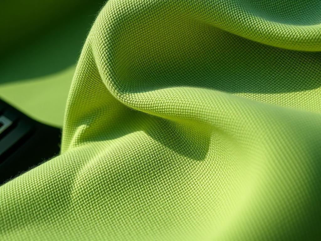 A hyper-realistic close-up shot of high-quality textile materials in various textures and colors, showcasing automotive upholstery, PVC tarps, furniture upholstery, automotive fabrics, and seating sponges. The background should be soft and blurred to focus on the rich details of the fabrics, illuminated with natural light to enhance their texture. The image should have a color palette that includes shades of green to reflect the primary color rgb(50, 170, 39).