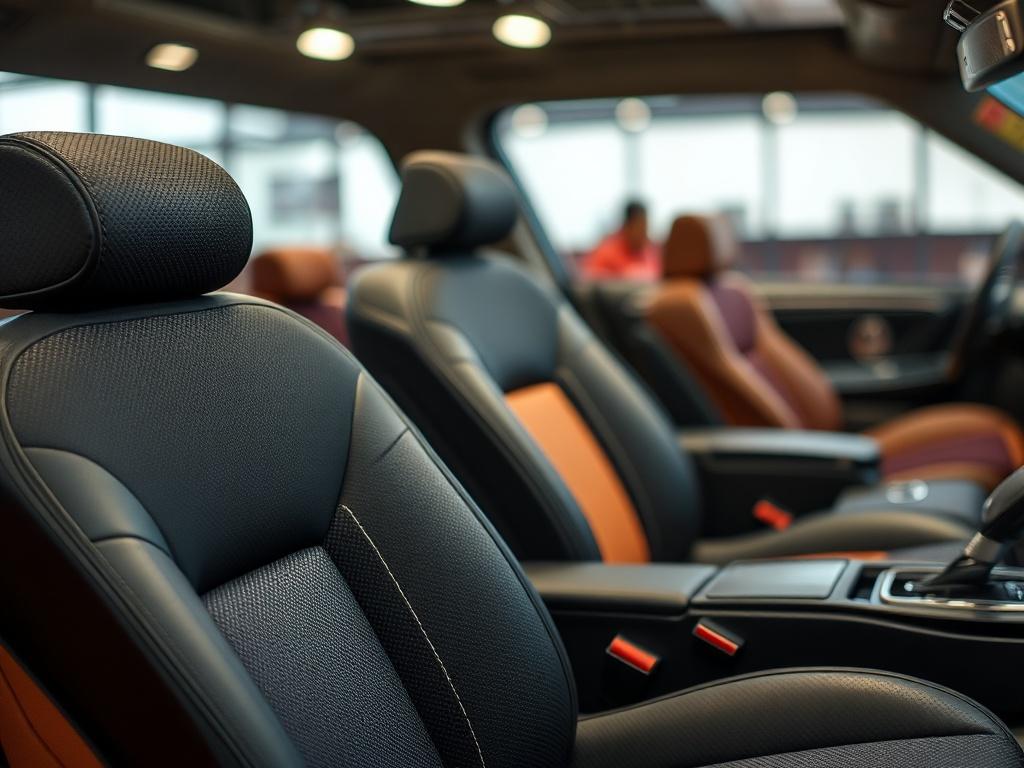A hyper-realistic close-up of various textile materials displayed elegantly, showcasing high-quality textures and colors. The focus is on a selection of automotive upholstery fabrics, PVC tarpaulins, upholstery for furniture, automotive textiles, and seating foams, with a blurred background that emphasizes the richness of the textiles. The lighting should highlight the detailed textures, creating an inviting and professional atmosphere.