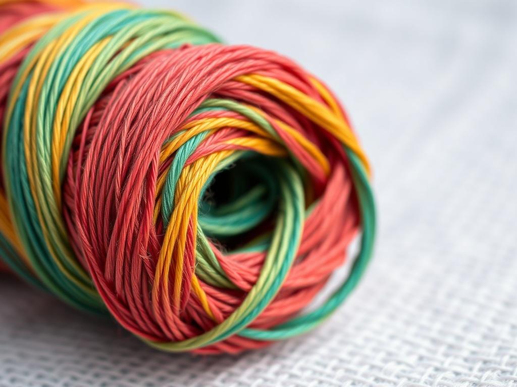A hyper-realistic close-up shot of a premium quality textile thread, Settanyl hilo brasileño 5. The thread should be shown in vibrant colors, coiled neatly, with a soft sheen reflecting light. The background should be a simple, blurred textile pattern that enhances the focus on the thread without any text or abstract shapes.