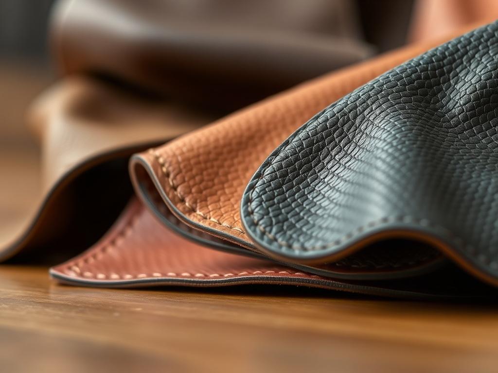A hyper-realistic close-up shot of synthetic leather in various colors and textures, displayed on a smooth surface with a soft focus background that highlights the richness and quality of the material.