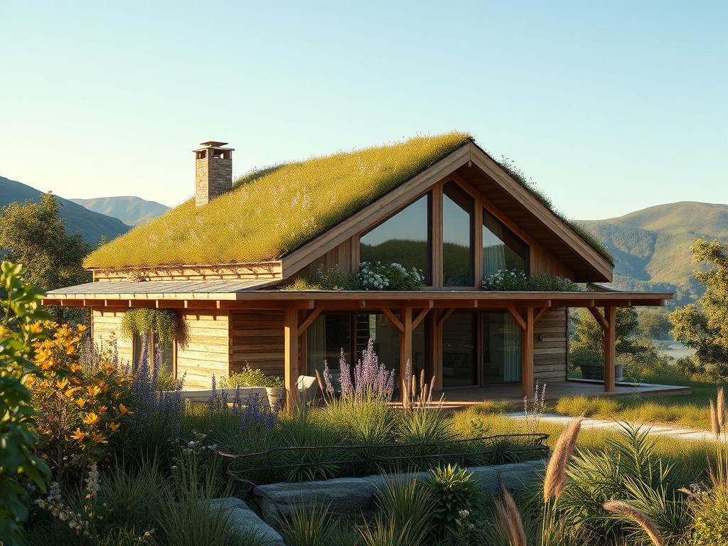**Prompt for AI Image Generator:**

Create a realistic high-resolution photo of a beautifully designed eco-friendly house made from natural materials, showcasing low-tech sustainable building methods. The composition should be simple and clear, with the house as the solitary subject occupying the center of the frame. 

The house should feature visible elements such as a green roof covered with wildflowers, walls made of reclaimed wood, and large windows that allow natural light to flood the interior. Surrou