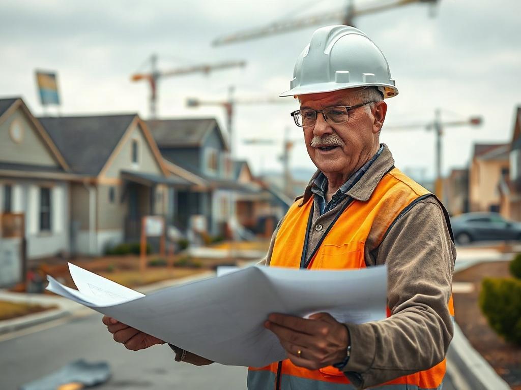 **AI Image Generator Prompt:**

Create a realistic high-resolution photo that captures the essence of disaster recovery construction. The central subject should be a determined construction worker, a middle-aged person wearing a hard hat and reflective safety gear, standing on a partially rebuilt residential street. The worker is inspecting a blueprint, symbolizing the planning phase of recovery construction.

In the background, show a mix of temporary structures and recently completed homes. Include scaffo