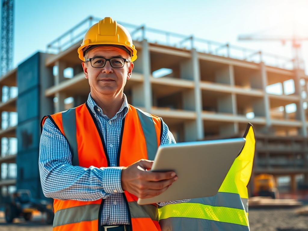 Create a realistic high-resolution photo that captures the essence of disaster recovery planning for construction companies. The composition should feature a single construction manager standing confidently on a construction site. The manager, a middle-aged individual wearing a hard hat and reflective safety vest, is holding a tablet in one hand and pointing toward an ongoing project in the background, illustrating preparedness and active planning.

The subject should have a determined expression, emphasizi