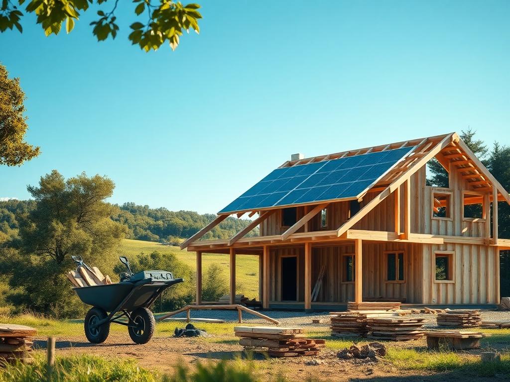 Create a realistic high-resolution photo of a sustainable house under construction. The composition should be simple and clear, featuring only one subject: the partially built house. The house should showcase eco-friendly construction materials, such as wooden beams and solar panels, emphasizing its sustainable design. 

In the background, include a serene landscape with lush greenery, trees, and a clear blue sky to reflect the harmony between nature and sustainable living. The foreground should display con
