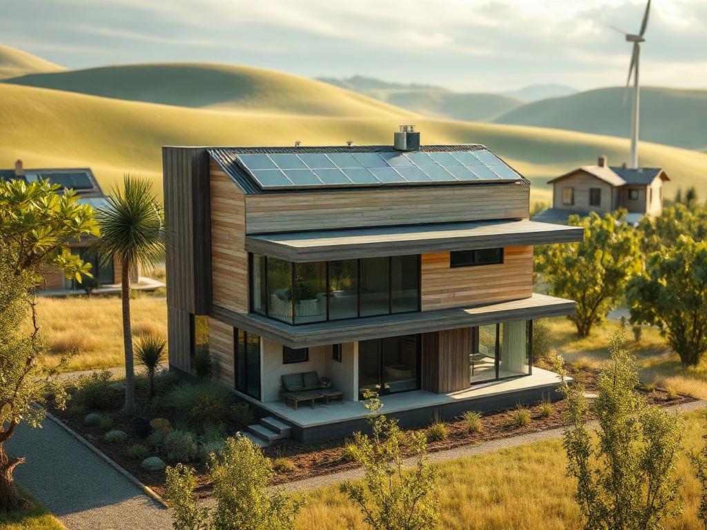 Generate a realistic high-resolution photo that embodies the theme of sustainable housing solutions in disaster recovery. The main subject should be a modern, eco-friendly home, showcasing innovative design with solar panels, green roofs, and large windows that allow natural light to flood the interior. The house should be set in a serene, green landscape, surrounded by trees and a small garden that implies community involvement.

The composition should be simple and clear, with the sustainable home positio