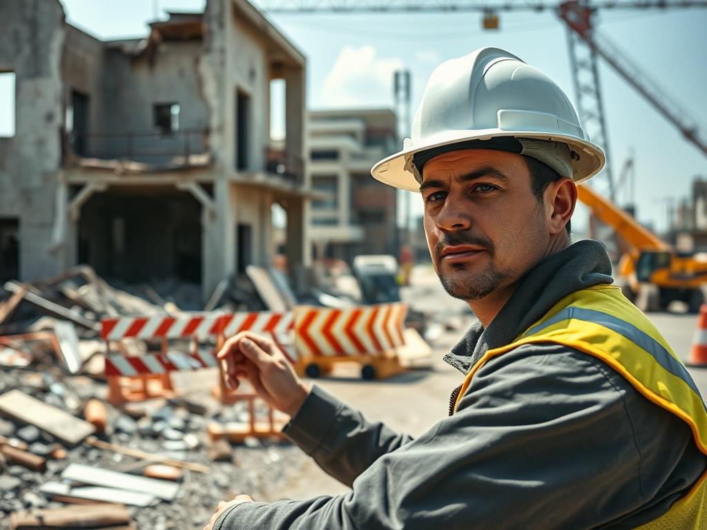 **AI Image Generation Prompt:**

Create a realistic high-resolution photo that captures the essence of a disaster recovery construction site. The image should focus on a single construction worker in a hard hat, actively engaged in the rebuilding process after a disaster. The worker should be shown inspecting structural damage on a dilapidated building, with a look of determination and urgency on their face. The background should feature debris, temporary barriers, and machinery, illustrating the chaotic en