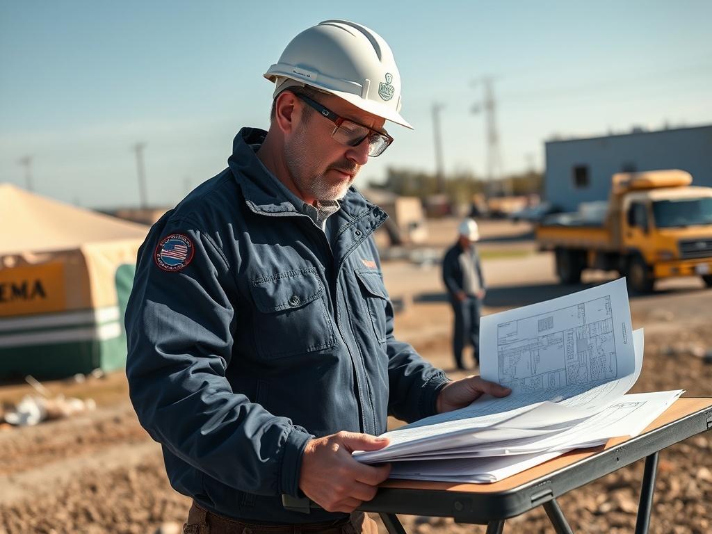 Create a realistic high-resolution photo that depicts a FEMA disaster relief contractor in action at a disaster recovery site. The subject should be a middle-aged male contractor, dressed in a branded navy blue jacket with a FEMA logo, wearing a hard hat and safety goggles. He is examining blueprints on a portable table while discussing plans with a colleague in the background. 

The scene should capture a temporary recovery site with emergency tents set up, construction equipment nearby, and disaster recov