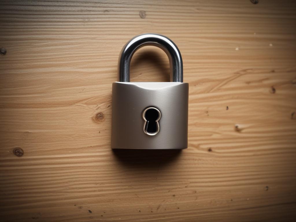 A hyper-realistic close-up shot of a lock symbolizing data protection, placed on a wooden table. The focus is sharp on the lock, showcasing its metallic texture and intricate design. The background is softly blurred to emphasize the lock, with natural light creating a warm ambiance. The image should evoke a sense of security and trust.