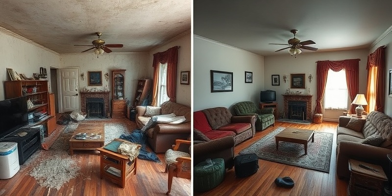 Before: Dirty cluttered living room