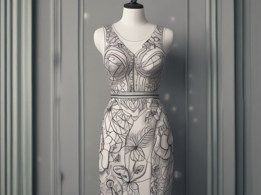 A lifelike, high-resolution image of an elegant evening dress showcased on a mannequin. The dress features a flattering silhouette with intricate patterns and luxurious fabric. It is set against a simple, softly lit background that enhances the elegance of the dress, creating a sophisticated atmosphere.