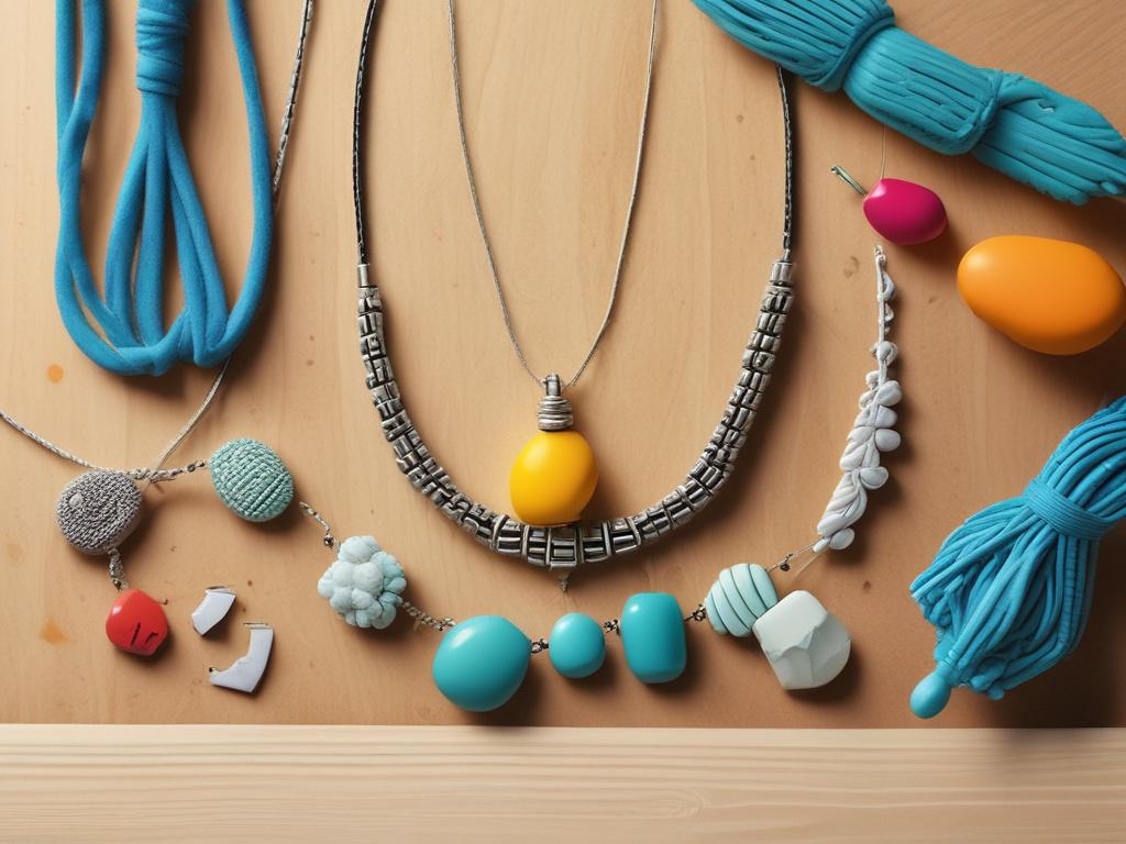 A realistic high-resolution photo of a curated accessory collection displayed on a minimalist wooden table. The collection includes a statement necklace with bold colors and patterns, an intricately woven handbag, and matching earrings. The background should be soft and neutral, allowing the vibrant accessories to stand out.