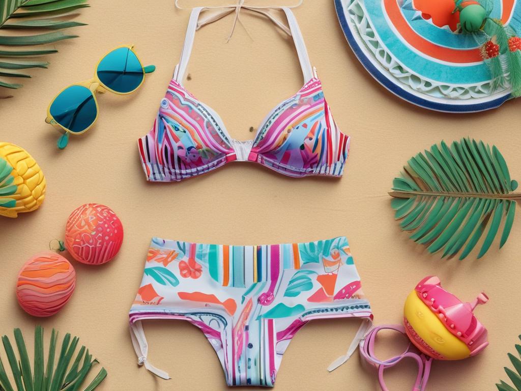 A photorealistic image of a vibrant beachwear set displayed on a mannequin against a simple sandy beach background. The bikini top features bold patterns and bright colors, while the high-waisted bottom complements it perfectly. The setting should be sunny, capturing the essence of a summer day with a clear blue sky and gentle waves in the background.