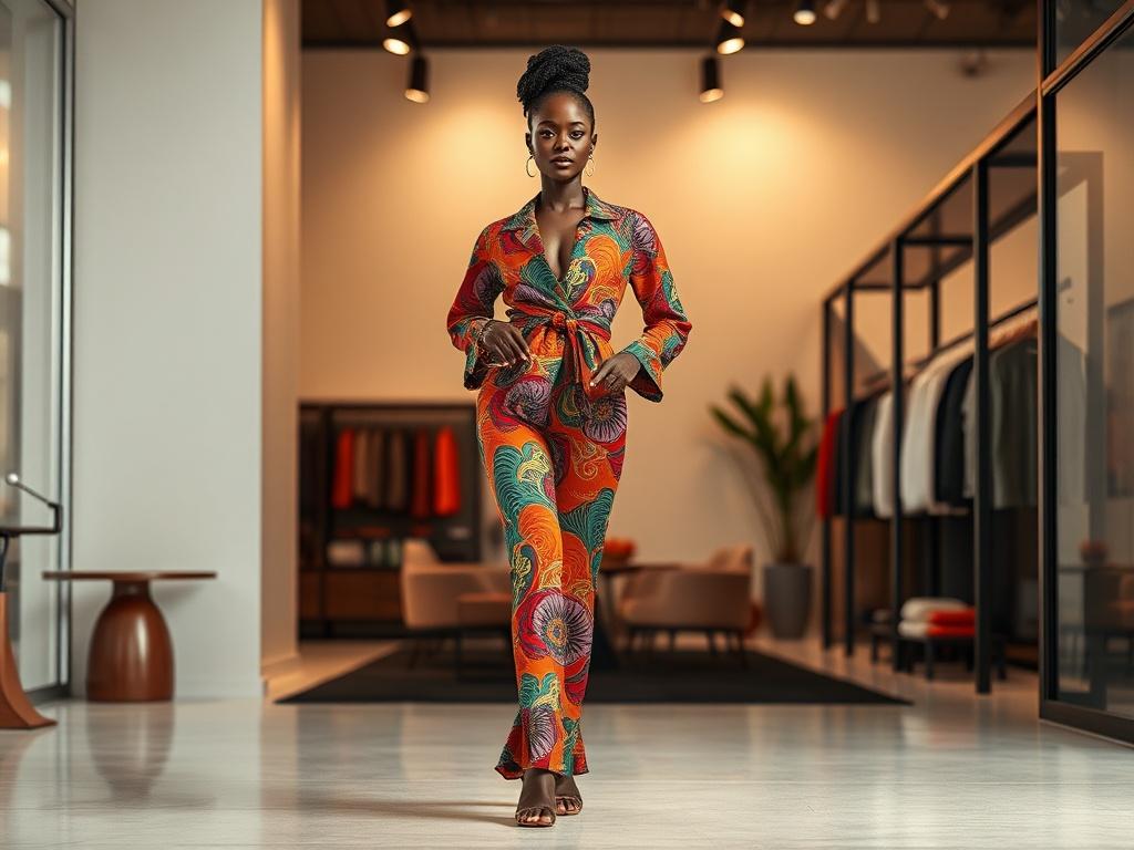 **AI Image Generation Prompt:**

Create a highly detailed and realistic high-resolution image that captures the essence of a fashionable cocktail event titled "Fashion Cocktail." The composition should be minimalistic and focused on a single subject: a stylishly dressed model standing confidently in the center of the image. The model should exude elegance, wearing a vibrant, eye-catching outfit crafted from African fabrics, showcasing the blend of cultural richness and contemporary design that IFFIZI embodi