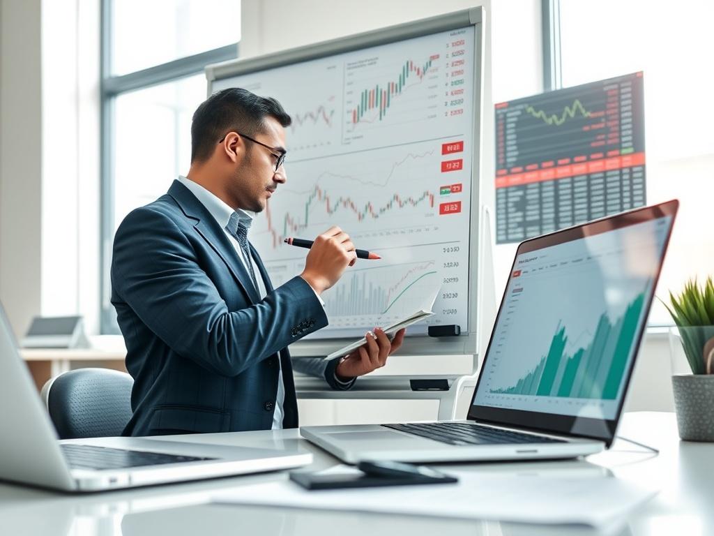 A close up shot of a financial analyst writing notes