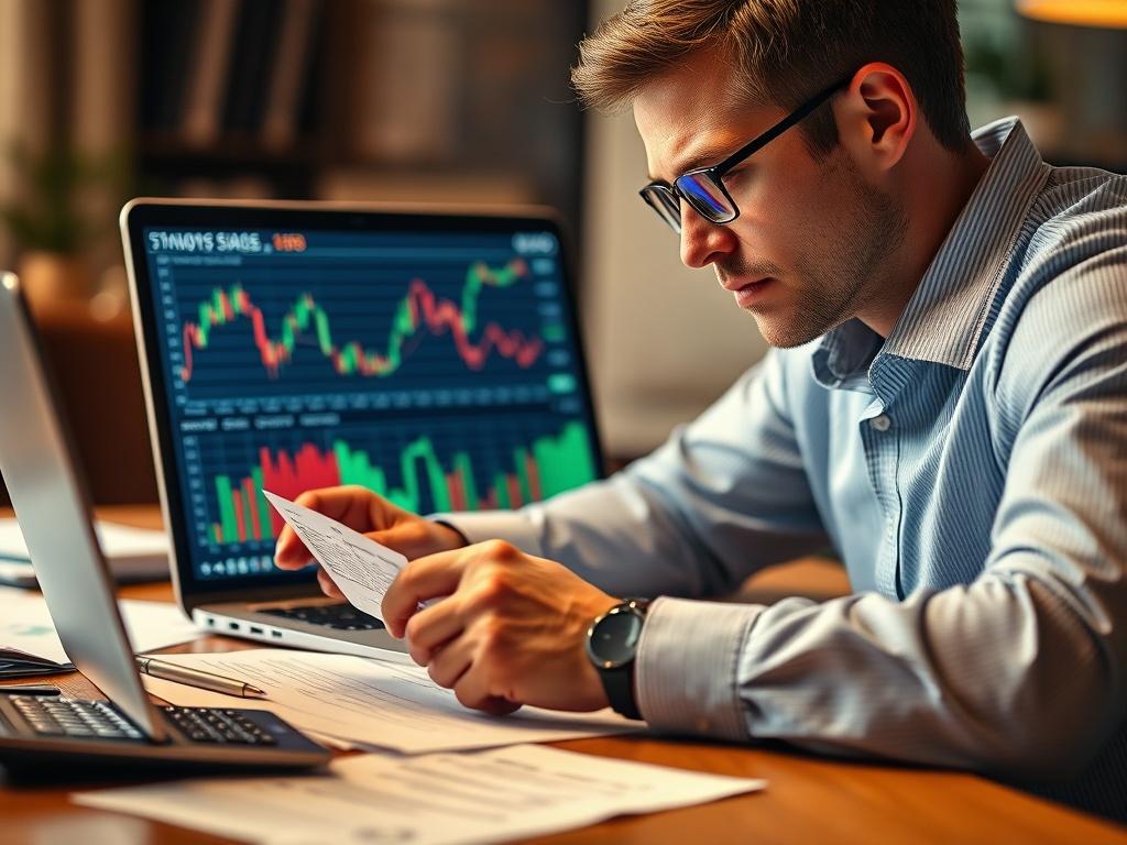 A close up shot of a confident investor analyzing stock