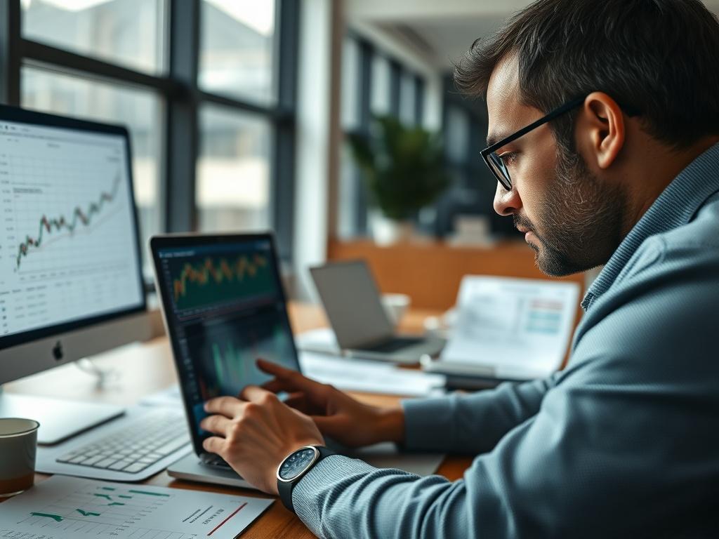 A close up shot of a financial analyst reviewing stock