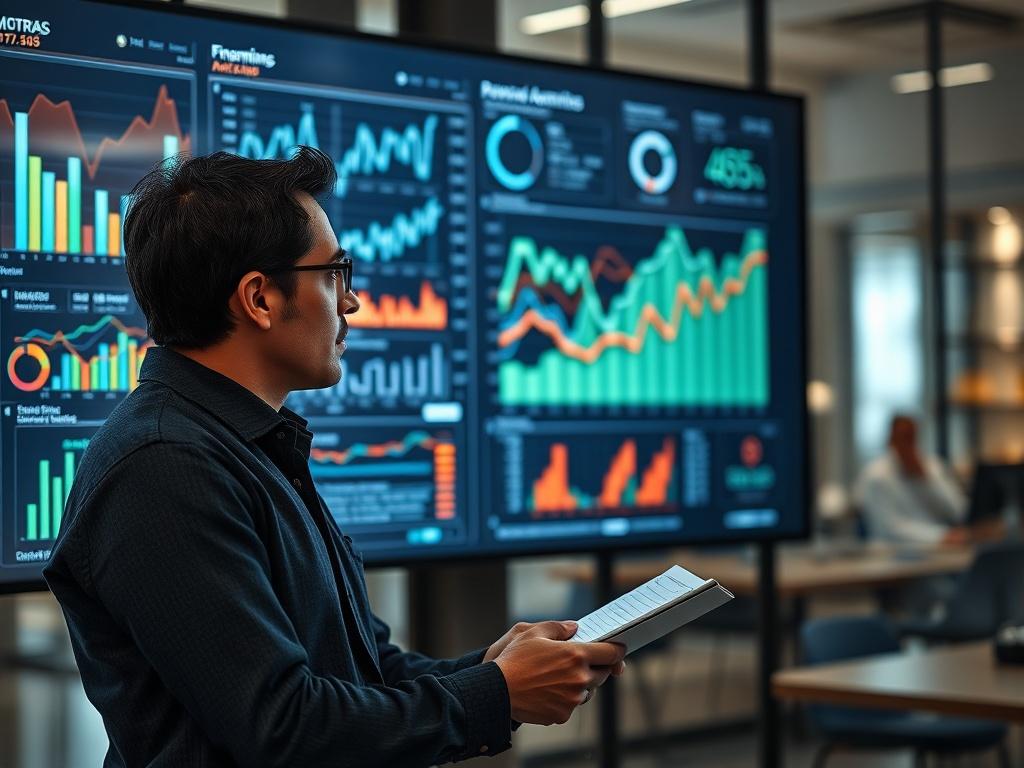 A financial analyst reviewing performance metrics on a large screen,