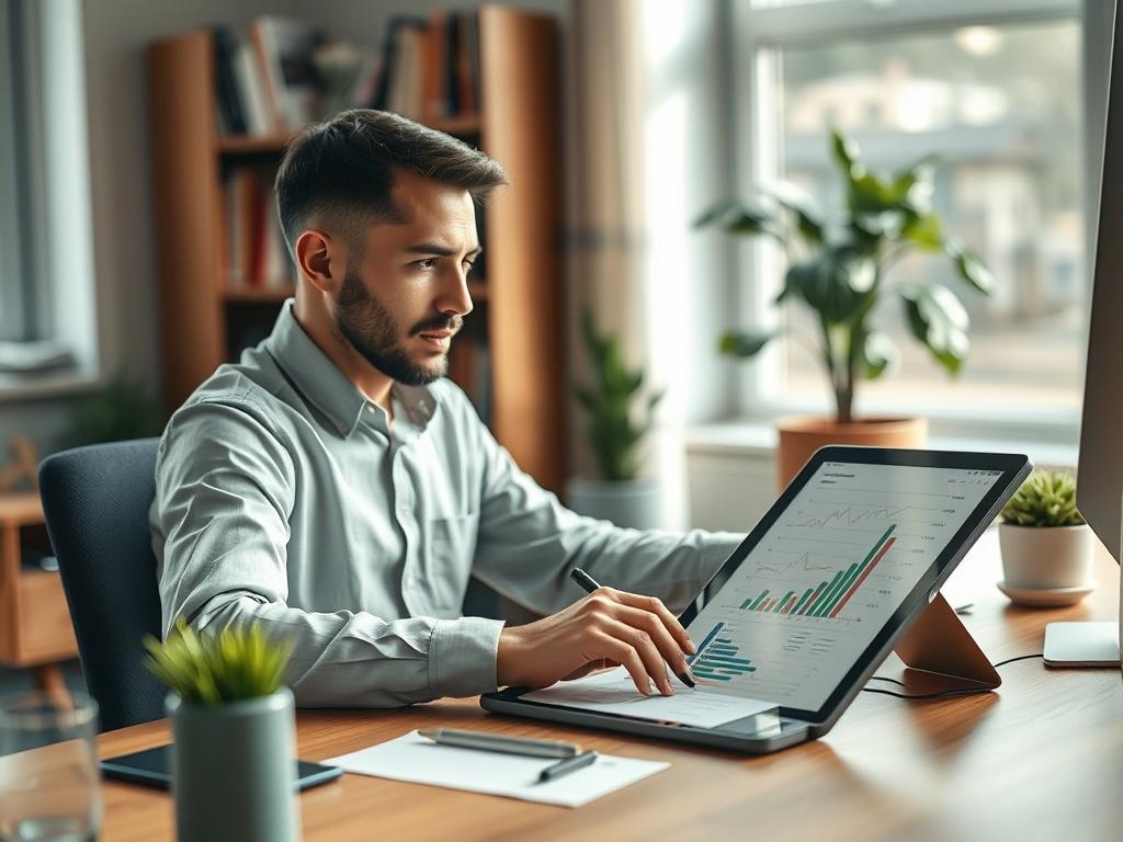 Create a highly realistic, high-resolution photo that captures the essence of "Understanding Covered Calls." The composition should feature a single subject: a professional-looking individual seated at a modern desk, engaged in a thoughtful discussion or study of financial documents. The person should be holding a pen, pointing to graphs or charts displayed on a digital tablet, symbolizing active engagement with investment strategies.

The background should be a softly blurred home office setting that conve