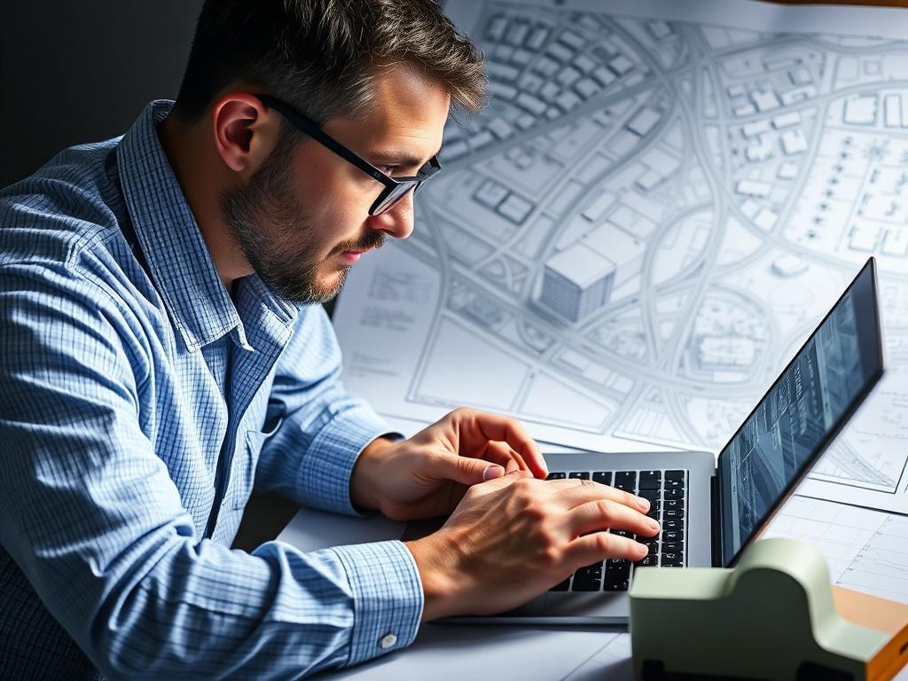 A hyper-realistic close-up shot of a traffic engineer working on a transportation plan. The engineer is focused on analyzing data on a laptop, surrounded by blueprints and traffic models. Soft lighting highlights the engineer's concentration, while an urban planning map is visible in the background. The image captures a sense of professionalism and innovation, shot with a 45mm f/1.2 lens.