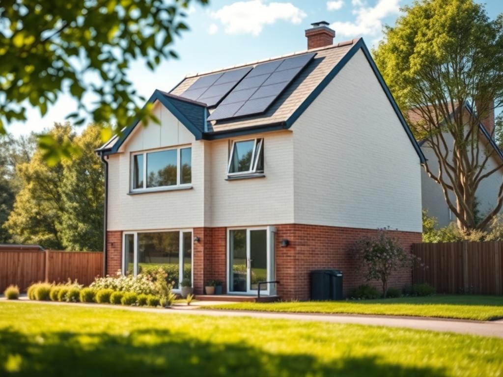 **Prompt for AI Image Generation:**

Create a realistic high-resolution photo that embodies the essence of energy efficiency and financial savings for homeowners in Leicester. The composition should feature a single subject: a modern, eco-friendly home with attractive and prominent energy-efficient features, such as solar panels on the roof and well-insulated walls. Ensure the home appears inviting and in a pleasant residential setting, bathed in soft, natural light.

The background should display a vibrant