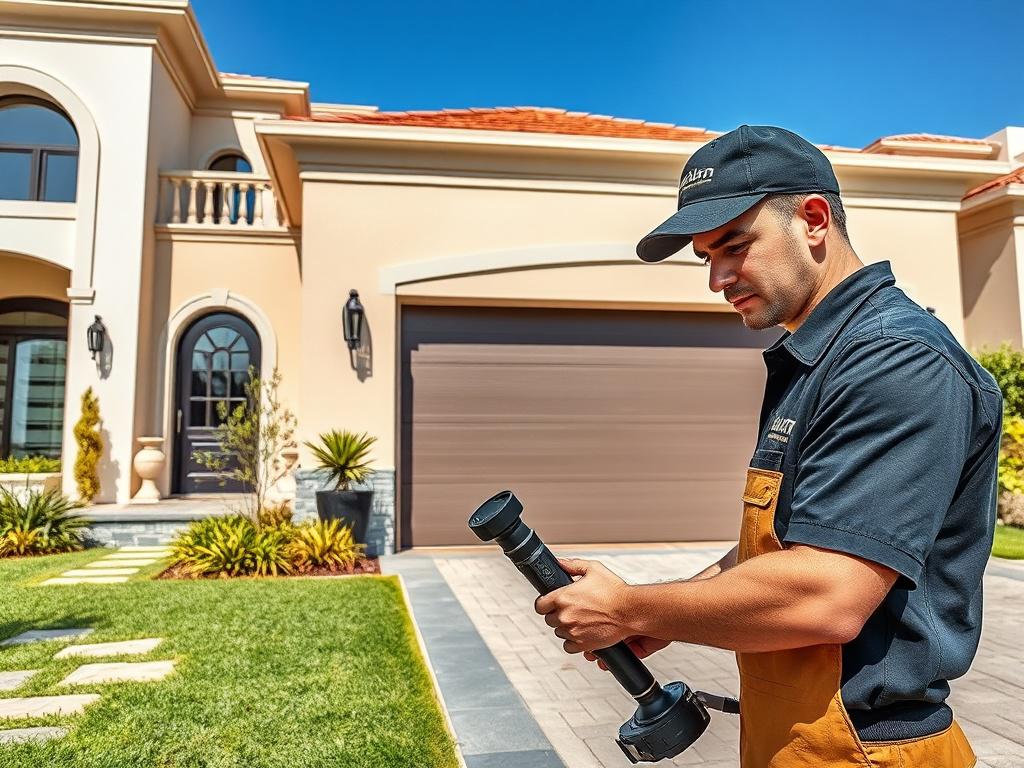 **Prompt for AI Image Generation:**

Create a hyper-realistic high-resolution photograph focusing solely on a professional garage door installation scene in an upscale residential area of Abu Dhabi. The main subject should be a skilled technician wearing a branded uniform, intently working on installing a modern garage door. Capture the technician in action, using specialized tools, while displaying the sleek design and robust materials of the new garage door. 

The background should feature a beautifully m