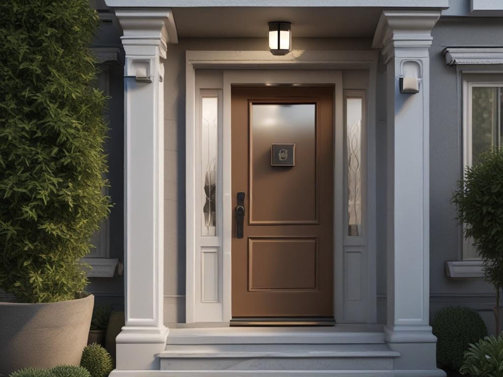 **AI Image Generation Prompt:**

Create a realistic high-resolution photo of a Smart Video Doorbell installed on a stylish modern home entrance. The doorbell should be the central focus of the image, showcasing its sleek design and high-definition camera. The doorbell should be mounted next to an elegant, contemporary door, reflecting a typical upscale Dubai residence.

In the background, include elements that convey a safe and welcoming home environment, such as lush greenery, a well-maintained garden, or 