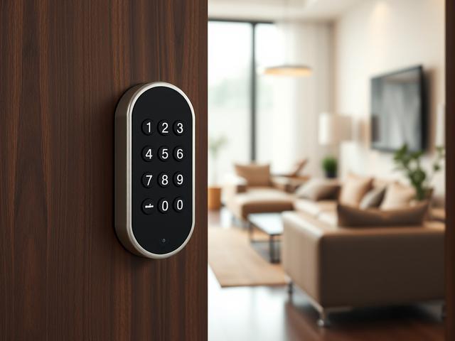 **AI Image Generation Prompt:**

Create a high-resolution photo of a modern Keypad Door Opener installed on a sleek wooden door. The focus should be on the keypad itself, capturing the tactile texture of the buttons with numbers 0 to 9 clearly visible. Ensure the door is partially ajar, hinting at the concept of keyless entry, with soft, natural lighting highlighting the details of the keypad and door. 

The background should be subtly blurred to emphasize the door opener as the only subject, creating a cle